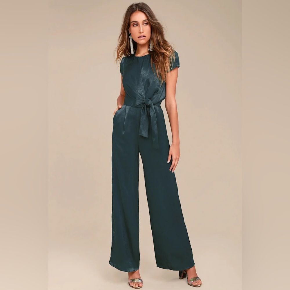Lulus Let Me Entertain You Dark Green Satin Wide-Leg Jumpsuit